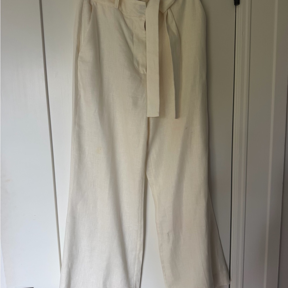 Women's Cream High-Waist Linen Pants with Tie Belt